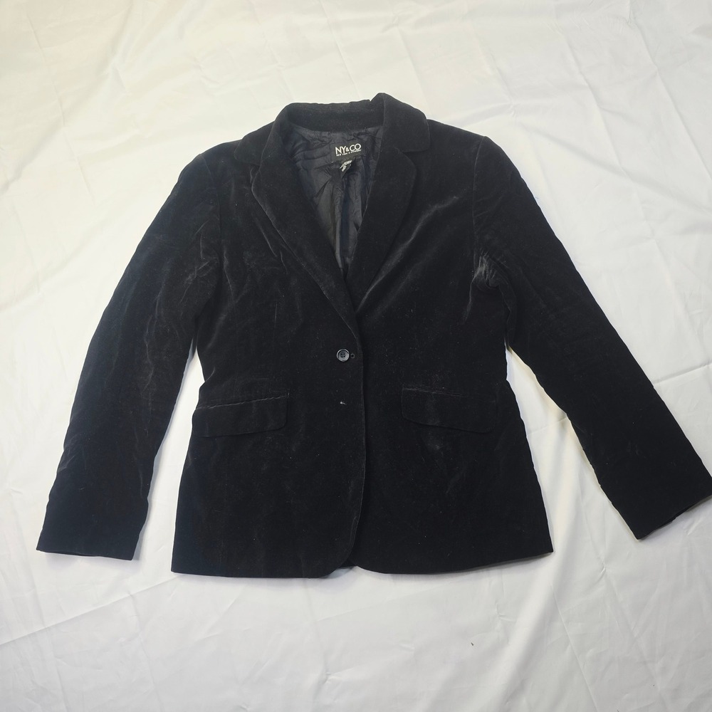 NY&CO Women's Velvet Blazer Size 14 Black Single Button Notched Lapel Cotton